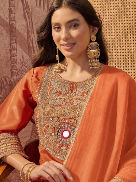 Magnetic Orange Designer French Crepe Kurti with Palazzo and Organza Silk Dupatta 3 Piece Kurti Set