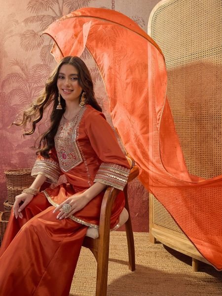 Magnetic Orange Designer French Crepe Kurti with Palazzo and Organza Silk Dupatta 3 Piece Kurti Set
