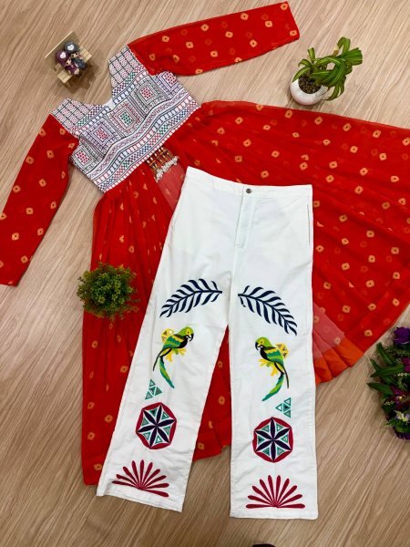 Magnetic Orange Designer Navratri Shrug with Embroidered High Waist Denim Jeans  Anarkali Kurtis 