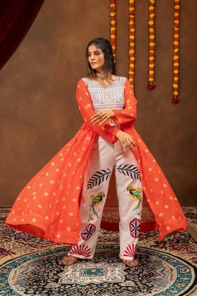 Magnetic Orange Designer Navratri Shrug with Embroidered High Waist Denim Jeans  Anarkali Kurtis 