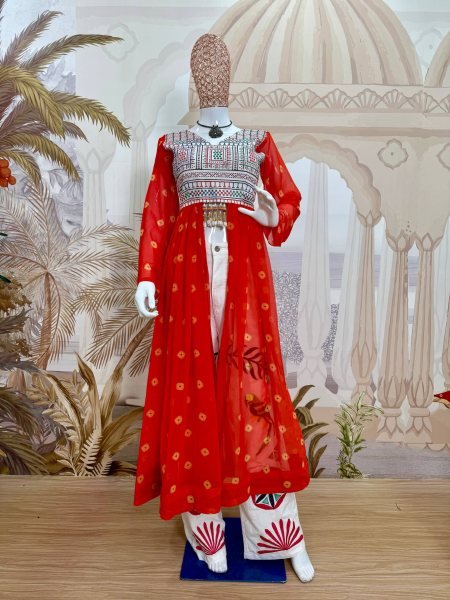 Magnetic Orange Designer Navratri Shrug with Embroidered High Waist Denim Jeans  Anarkali Kurtis 