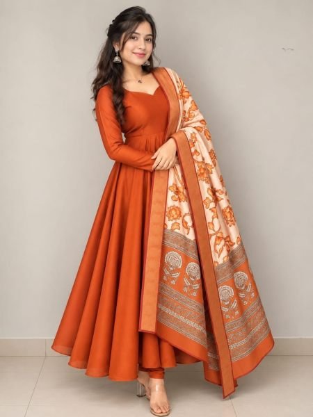 Magnetic Orange Plain Silk Anarkali with Shiny Mayura Silk Kalamkari Dupatta 