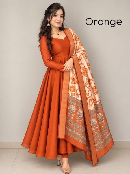 Magnetic Orange Plain Silk Anarkali with Shiny Mayura Silk Kalamkari Dupatta Anarkali Kurtis 