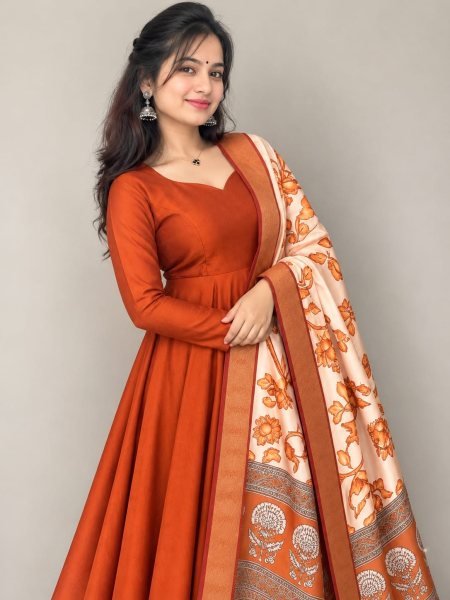 Magnetic Orange Plain Silk Anarkali with Shiny Mayura Silk Kalamkari Dupatta Anarkali Kurtis 