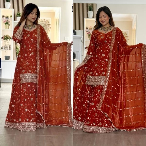 Magnetic Orange Premium Party Wear Suit Set for Women Wedding Collection Ready To Wear Collection