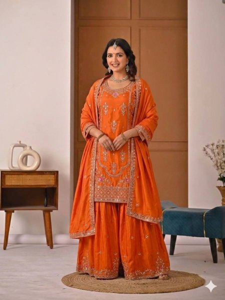 Magnetic Orange Sequins Embroidered Sharara Suit for Festive and Party Wear Ready To Wear Suit