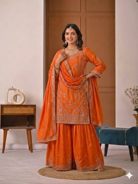 Magnetic Orange Sequins Embroidered Sharara Suit for Festive and Party Wear Ready To Wear Collection