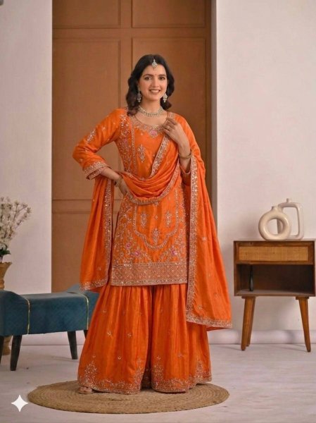 Magnetic Orange Sequins Embroidered Sharara Suit for Festive and Party Wear Ready To Wear Collection