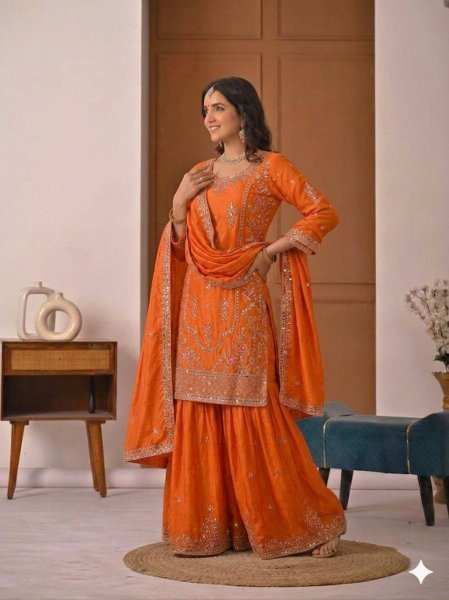 Magnetic Orange Sequins Embroidered Sharara Suit for Festive and Party Wear Ready To Wear Collection
