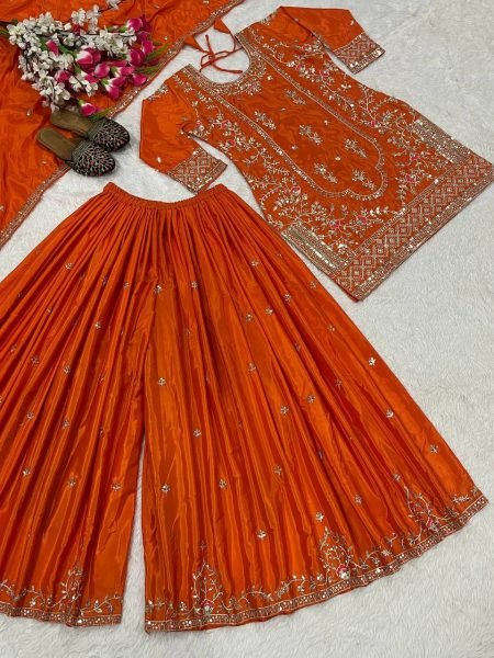 Magnetic Orange Sequins Embroidered Sharara Suit for Festive and Party Wear Ready To Wear Collection