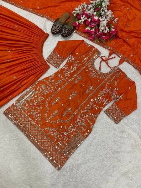 Magnetic Orange Sequins Embroidered Sharara Suit for Festive and Party Wear Ready To Wear Collection