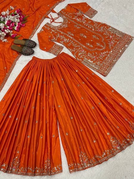 Magnetic Orange Sequins Embroidered Sharara Suit for Festive and Party Wear Ready To Wear Collection