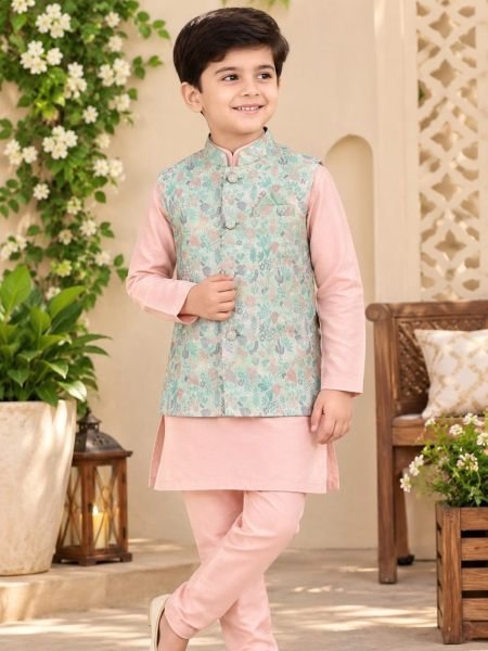 Magnetic Peach Designer Kids Ethnic Wear Koti Kurta Pyjama for Boys 