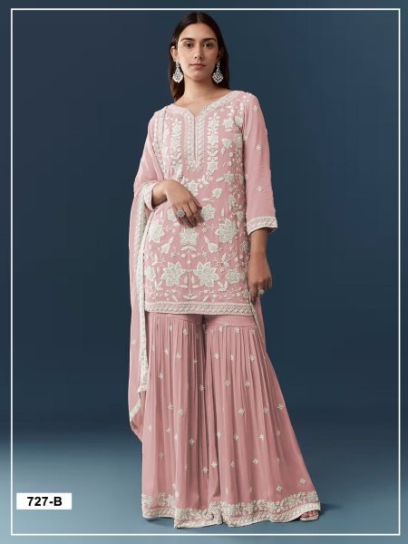 Magnetic Peach Premium Party Wear Suit Set with Heavy Embroidery and Handwork Sharara Set