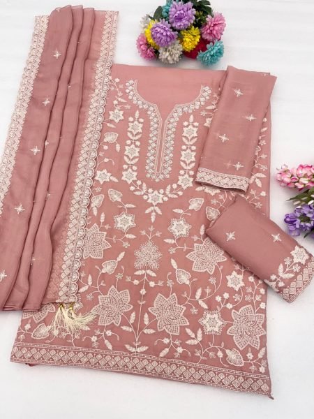 Magnetic Peach Premium Party Wear Suit Set with Heavy Embroidery and Handwork Sharara Set