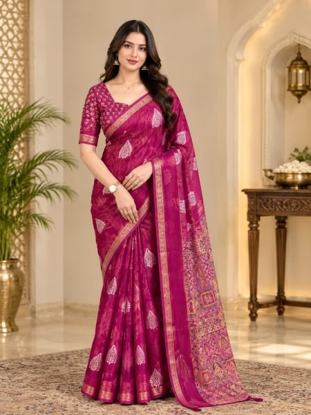 Magnetic Pink Cotton Jacquard Saree with Printed Running Blouse at Manufacturer  Sarees 