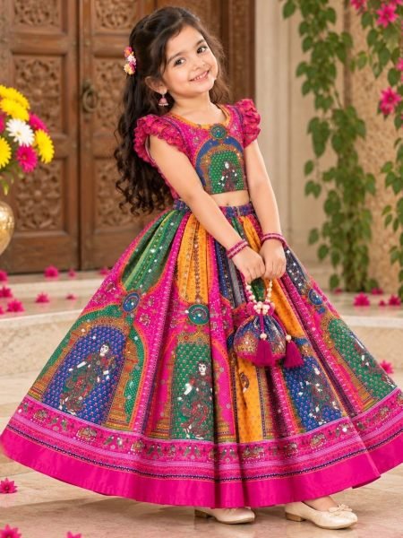 Magnetic Pink Designer Chinon Silk Lehenga Choli with Digital Print and Mirror Work 