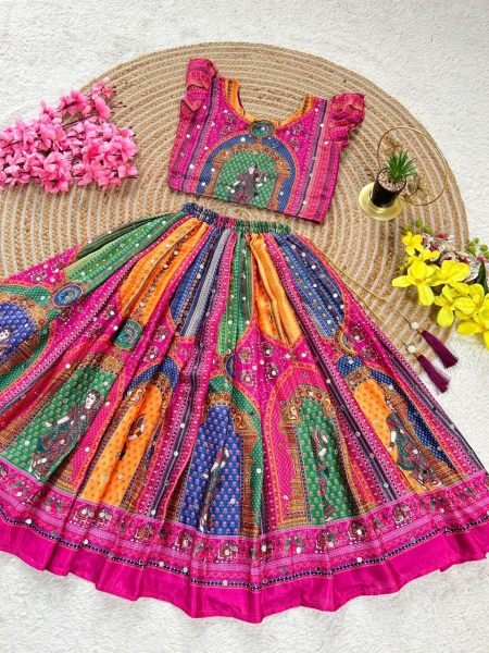 Magnetic Pink Designer Chinon Silk Lehenga Choli with Digital Print and Mirror Work Girls Wear