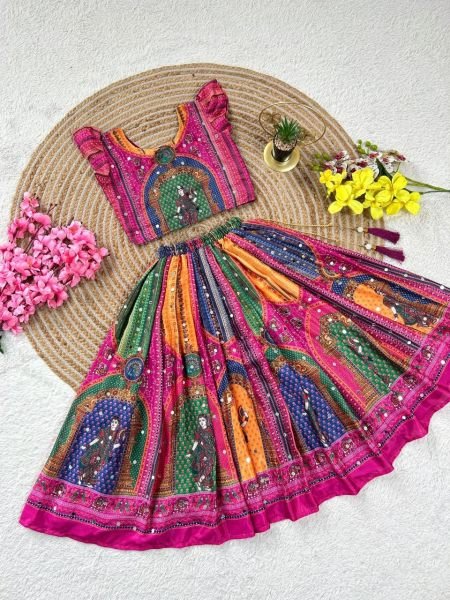 Magnetic Pink Designer Chinon Silk Lehenga Choli with Digital Print and Mirror Work Girls Wear