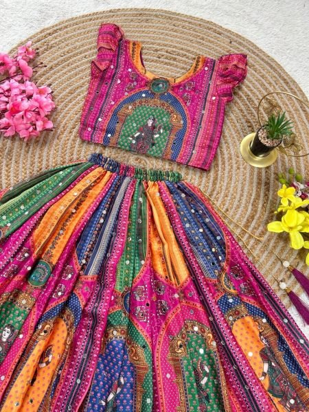 Magnetic Pink Designer Chinon Silk Lehenga Choli with Digital Print and Mirror Work Girls Wear