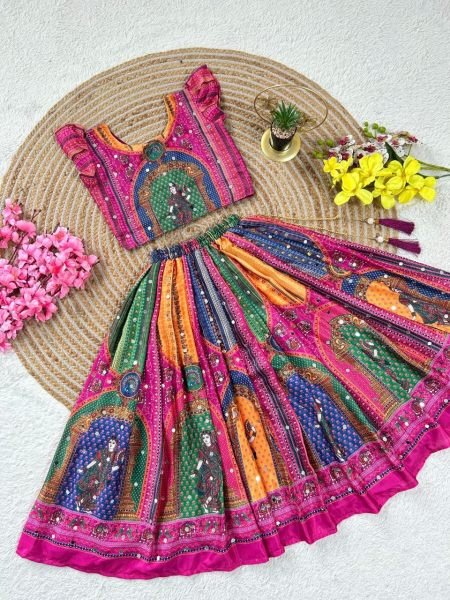 Magnetic Pink Designer Chinon Silk Lehenga Choli with Digital Print and Mirror Work Girls Wear