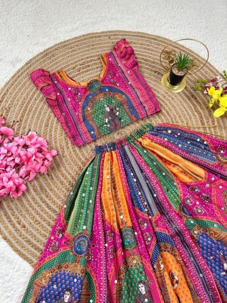 Magnetic Pink Designer Chinon Silk Lehenga Choli with Digital Print and Mirror Work Girls Wear