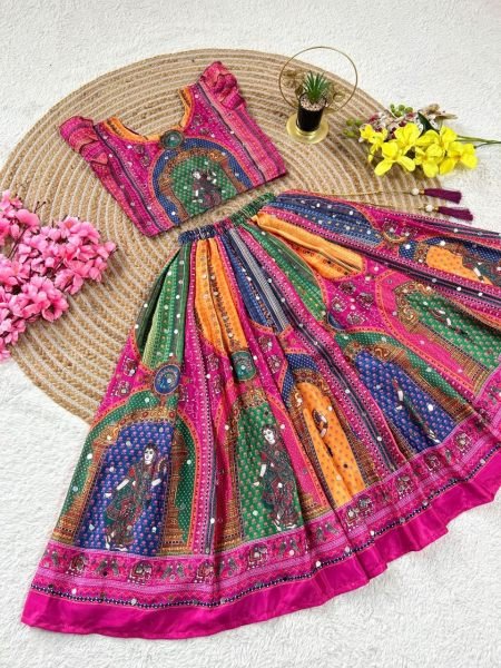 Magnetic Pink Designer Chinon Silk Lehenga Choli with Digital Print and Mirror Work Girls Wear