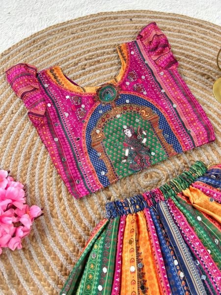 Magnetic Pink Designer Chinon Silk Lehenga Choli with Digital Print and Mirror Work Girls Wear