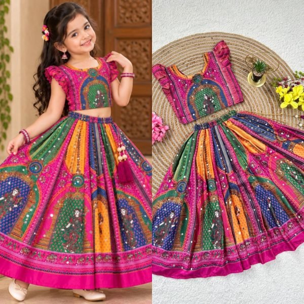 Magnetic Pink Designer Chinon Silk Lehenga Choli with Digital Print and Mirror Work Girls Wear