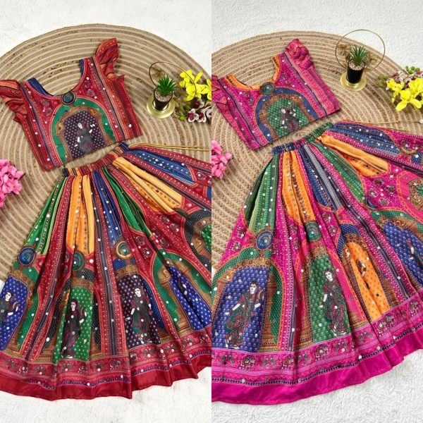 Magnetic Pink Designer Chinon Silk Lehenga Choli with Digital Print and Mirror Work Girls Wear