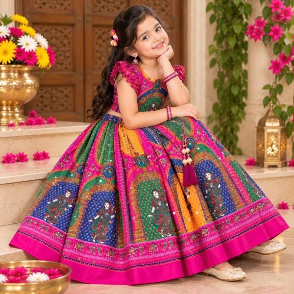 Magnetic Pink Designer Chinon Silk Lehenga Choli with Digital Print and Mirror Work Girls Wear