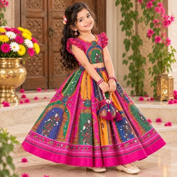 Magnetic Pink Designer Chinon Silk Lehenga Choli with Digital Print and Mirror Work Girls Wear