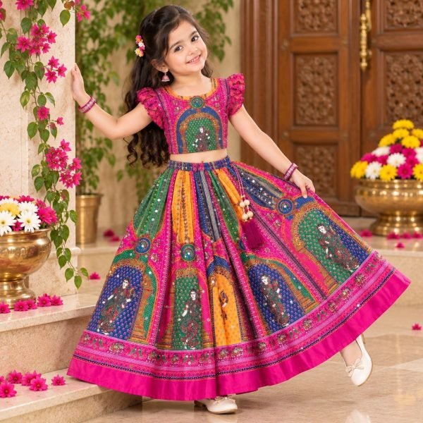 Magnetic Pink Designer Chinon Silk Lehenga Choli with Digital Print and Mirror Work Girls Wear