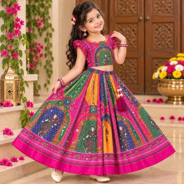Magnetic Pink Designer Chinon Silk Lehenga Choli with Digital Print and Mirror Work Girls Wear