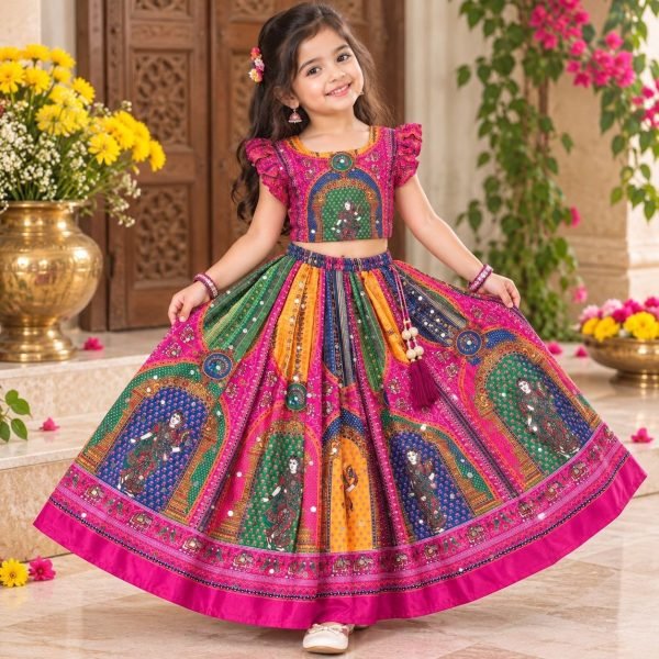 Magnetic Pink Designer Chinon Silk Lehenga Choli with Digital Print and Mirror Work Girls Wear