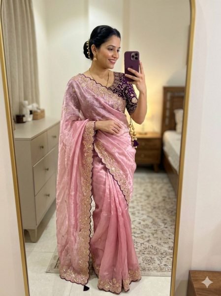 Magnetic Pink Fendy Satin Saree with Dual Tone Sequence Work for Party Wear Designer Wedding Sarees Wholesale