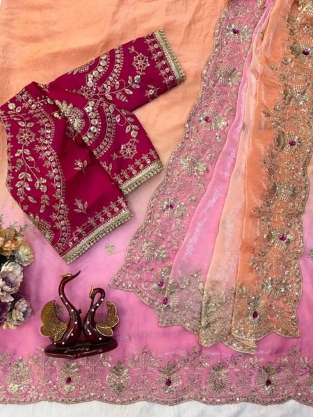 Magnetic Pink Orange Space Silk Saree with Hand Mina Work and Full Stitch Blouse Sarees 