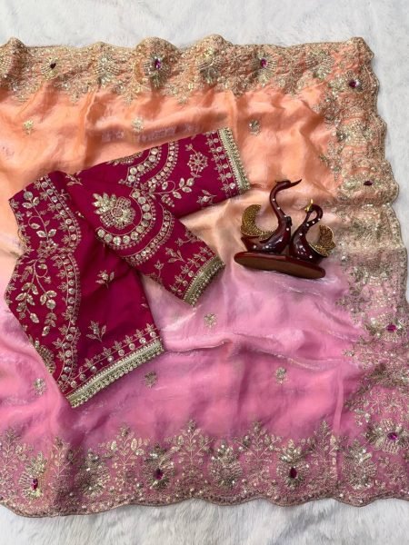 Magnetic Pink Orange Space Silk Saree with Hand Mina Work and Full Stitch Blouse Silk Sarees Wholesale
