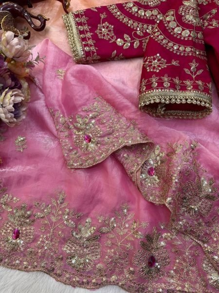 Magnetic Pink Orange Space Silk Saree with Hand Mina Work and Full Stitch Blouse Silk Sarees Wholesale