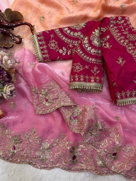 Magnetic Pink Orange Space Silk Saree with Hand Mina Work and Full Stitch Blouse Silk Sarees Wholesale