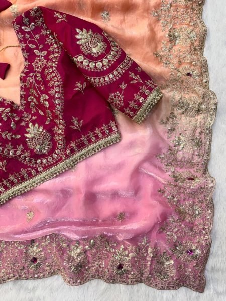 Magnetic Pink Orange Space Silk Saree with Hand Mina Work and Full Stitch Blouse Silk Sarees Wholesale