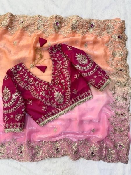 Magnetic Pink Orange Space Silk Saree with Hand Mina Work and Full Stitch Blouse Silk Sarees Wholesale