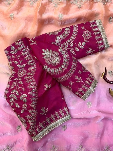 Magnetic Pink Orange Space Silk Saree with Hand Mina Work and Full Stitch Blouse Silk Sarees Wholesale