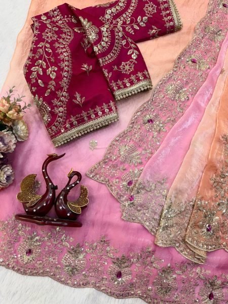 Magnetic Pink Orange Space Silk Saree with Hand Mina Work and Full Stitch Blouse Silk Sarees Wholesale