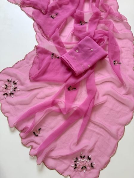 Magnetic Pink Pure Siffon Saree with Handwork Khatli and Cutwork Detailing Sarees 