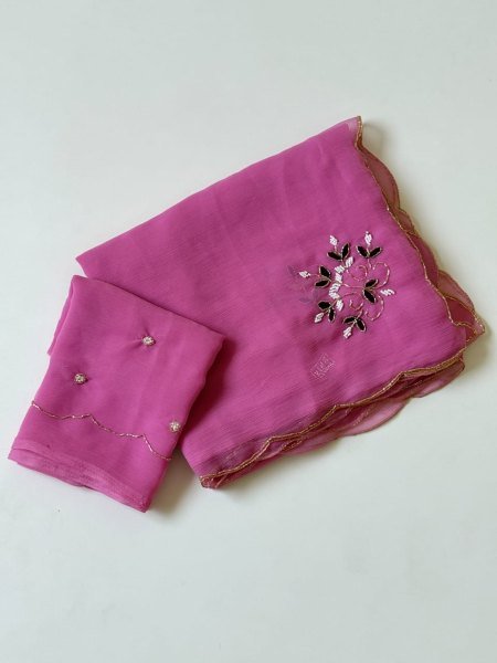 Magnetic Pink Pure Siffon Saree with Handwork Khatli and Cutwork Detailing Pure Chiffon Sarees Wholesale