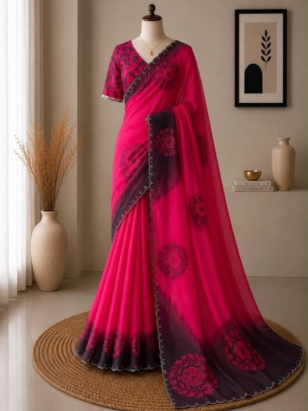 Magnetic Pink Sawan Special Fandy Satin Saree with Floral Digital Print Blouse Printed Cotton Sarees Wholesale