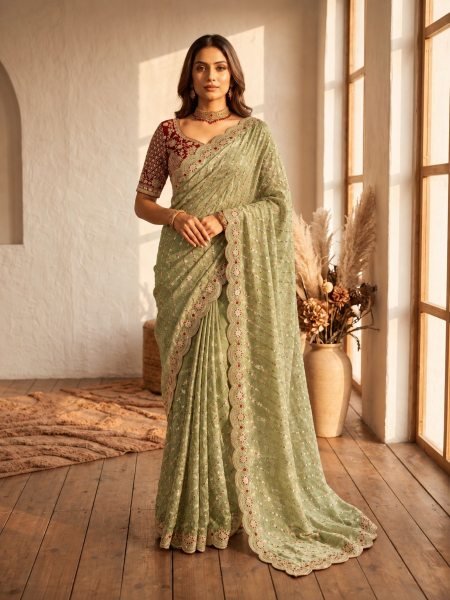 Magnetic Pista Beads Sequins Zari Work Space Silk Saree Collection For Diwali  