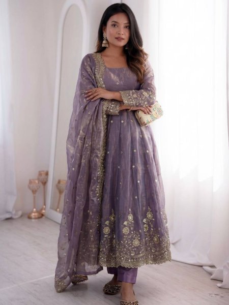Magnetic Purple Comfortable Full Stitched Party Wear Gown Set with Dupatta Ready To Wear Suit