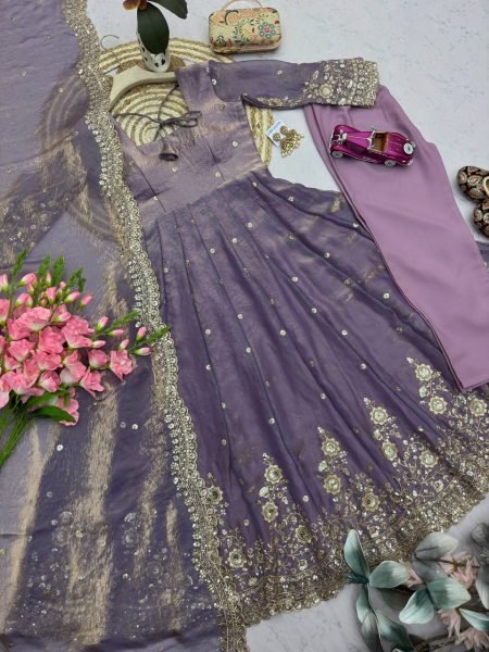 Magnetic Purple Comfortable Full Stitched Party Wear Gown Set with Dupatta Ready To Wear Collection